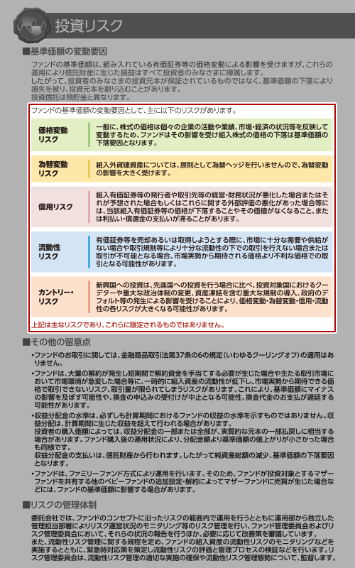 目論見書の「投資リスク」ページのキャプチャ画像