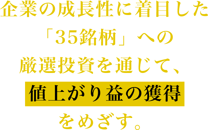 企業の成長性に着目した 「35銘柄」への 厳選投資を通じて、 値上がり益の獲得 をめざす。