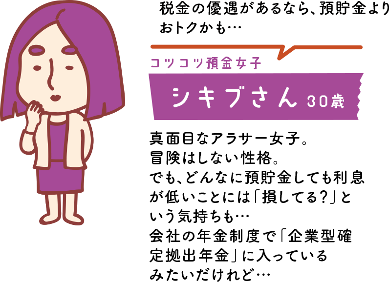 税金の優遇があるなら、預貯金よりおトクかも… コツコツ預金女子 シキブさん 30歳 真面目なアラサー女子。冒険はしない性格。でも、どんなに預貯金しても利息が低いことには「損してる？」という気持ちも…会社の年金制度で「企業型確定拠出年金」に入っているみたいだけれど…