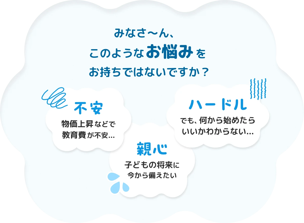 みなさ~ん、 このようなお悩みをお持ちではないですか? 不安 物価上昇などで教育費が不安... ハードル でも、何から始めたらいいかわからない... 親心 子どもの将来に今から備えたい