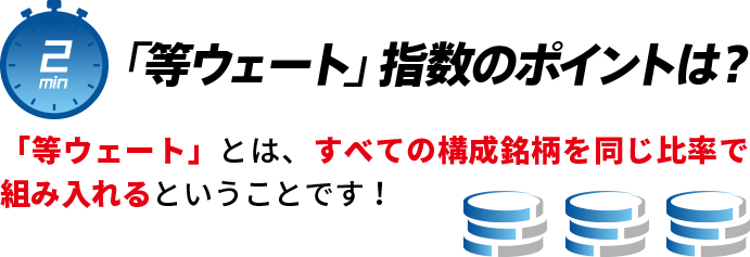 「等ウェート」指数のポイントは？「等ウェート」とは、すべての構成銘柄を同じ比率で組み入れるということです！